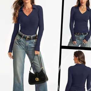 Fitted Top Collared V Neck Polo Shirt